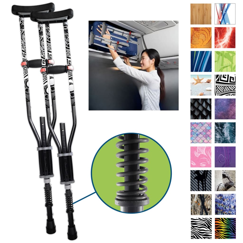 Adjustable Spring Cushion Crutches Perfect for Sports Injuries and Travel - Heights 4'7" to 6'6" - Adjust to 22" for Travel - Choice of Colors