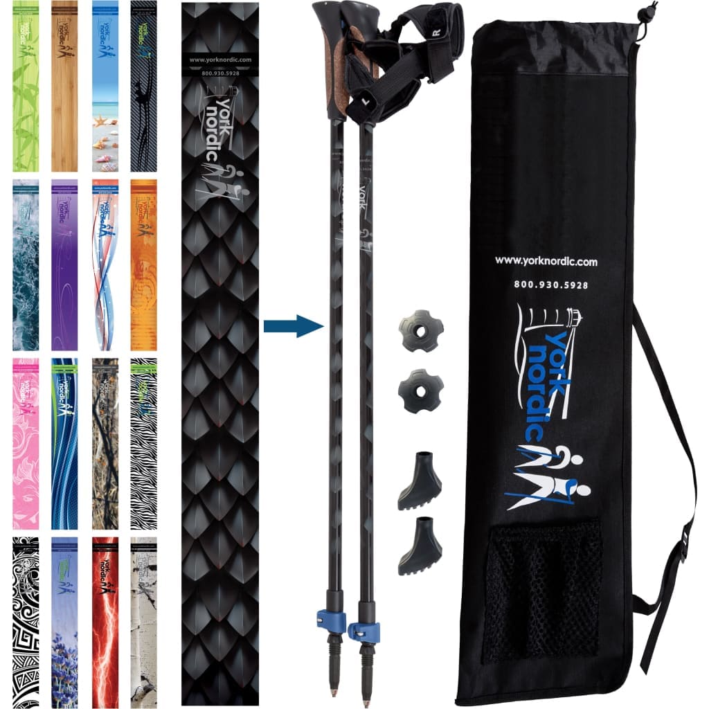 Official Nordic Walking Poles - True Nordic Glove Grip w-flip locks, detachable feet and travel bag - pair - For Heights up to 6’2”