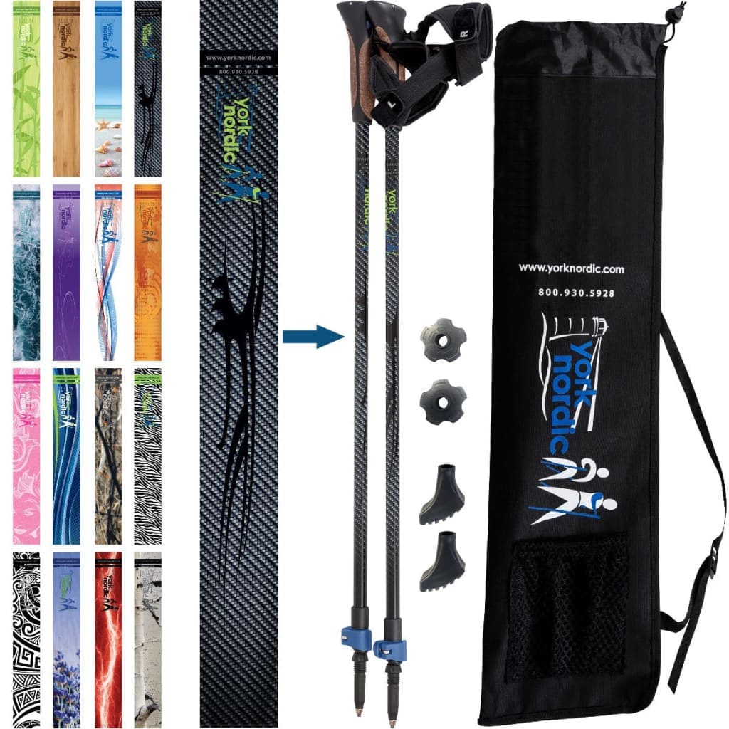Official Nordic Walking Poles - True Nordic Glove Grip w-flip locks, detachable feet and travel bag - pair - For Heights up to 6’2”